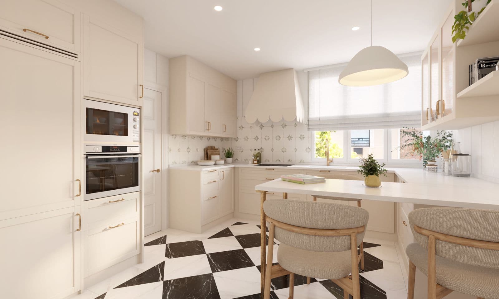 Render de una cocina en crema con office, isla y suelo de damero