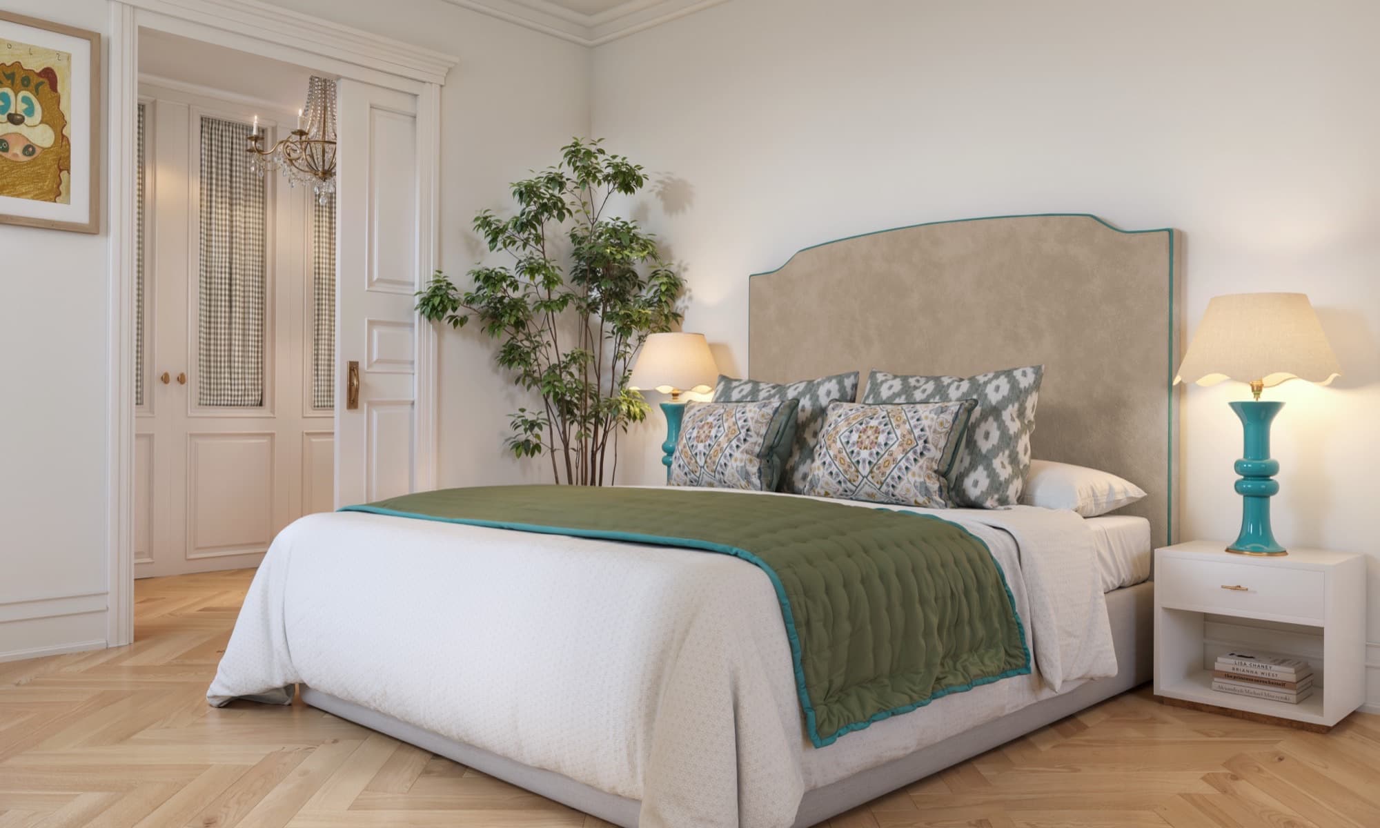 Render de un dormitorio con cabecero tapizado, textiles verdes y lámparas de cerámica