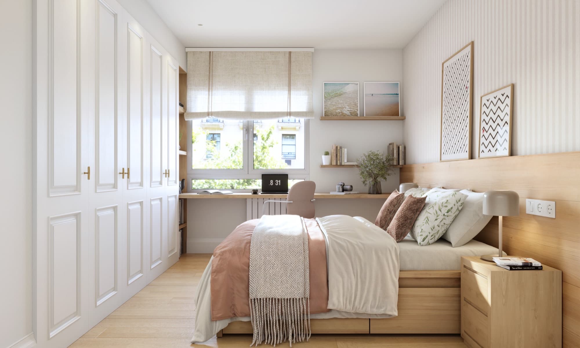 Render de un dormitorio con cabecero de madera, textiles en tonos tierra y escritorio bajo la ventana