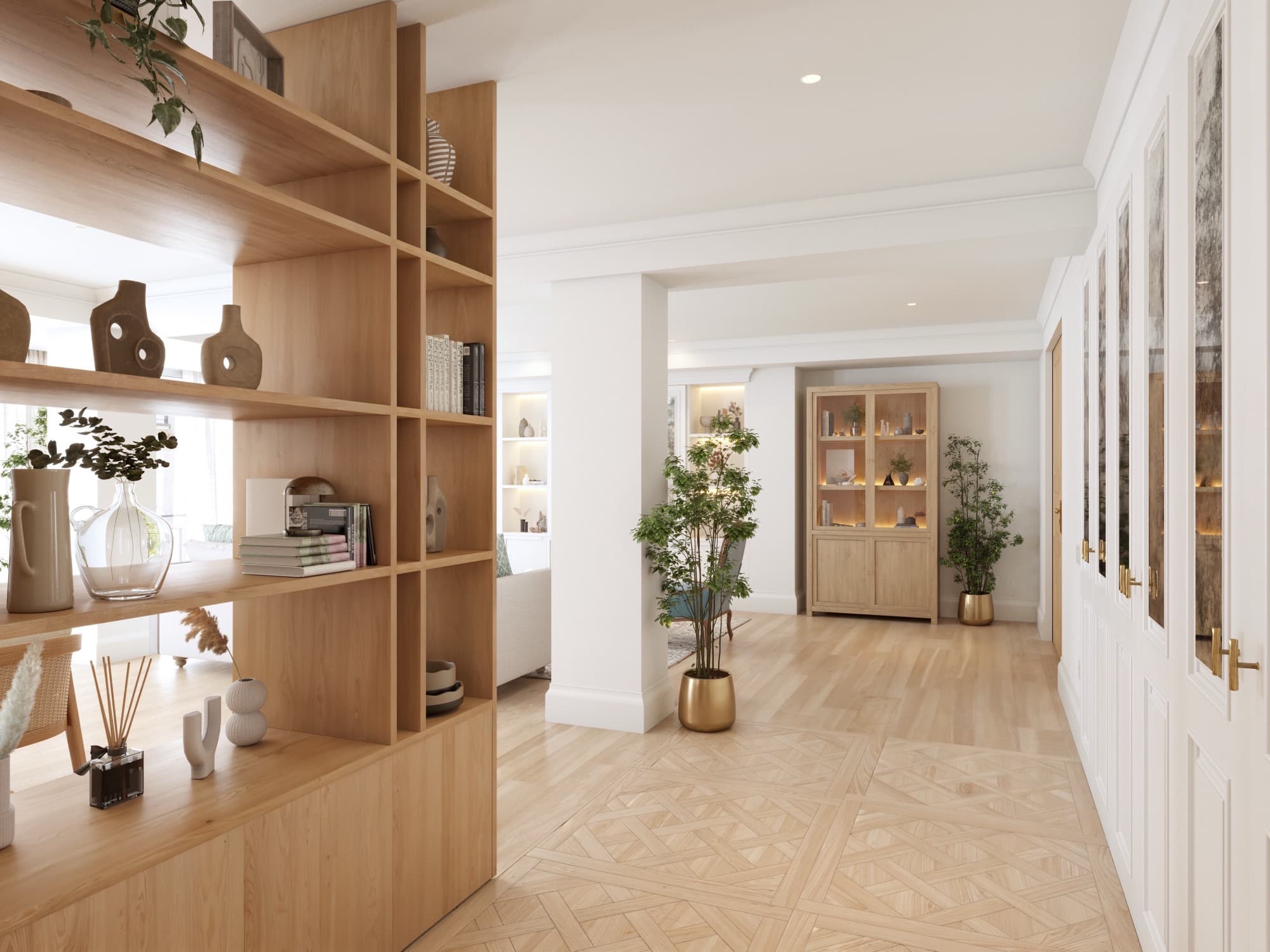 Render de una zona de paso con librería de madera clara y vitrinas