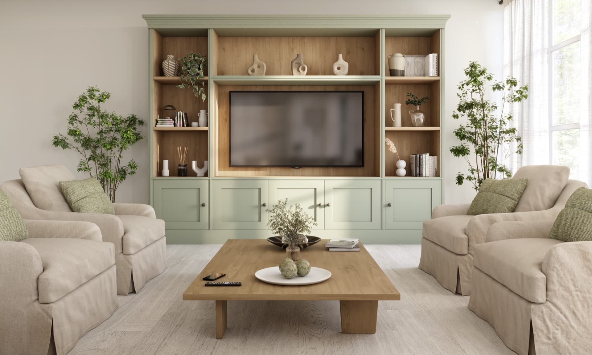 Render de un salón con mueble de televisión a medida en verde salvia y butacas en crudo
